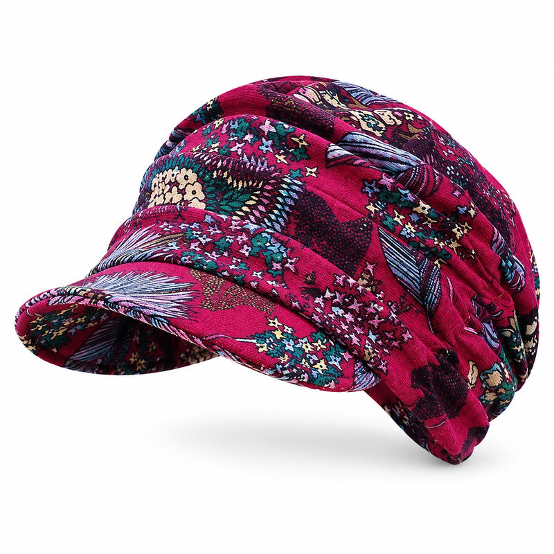 Ruched Floral Newsboy Cap — Soft Brim, Vintage Floral, 4 Colors | Black Grey Blue Red