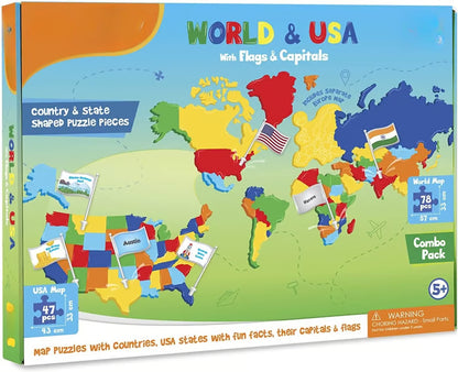 🌍 3-in-1 World & USA Map Puzzle Set for Kids