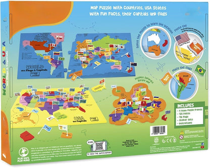 🌍 3-in-1 World & USA Map Puzzle Set for Kids