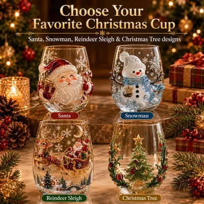 ✨Magical Christmas 3D Glass Cup Collection – Santa, Reindeer, Snowman & Christmas Tree