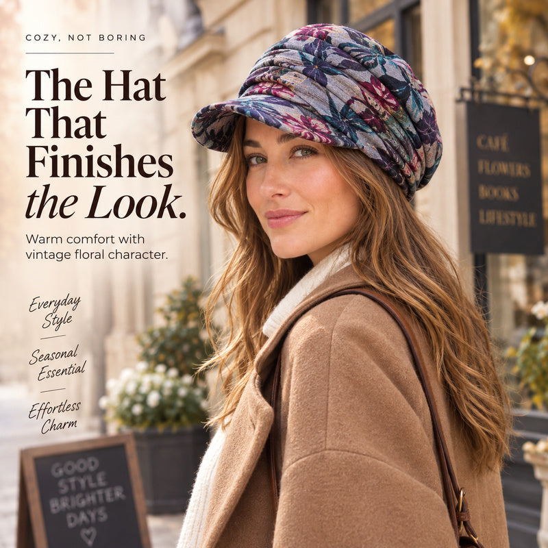 Ruched Floral Newsboy Cap — Soft Brim, Vintage Floral, 4 Colors | Black Grey Blue Red