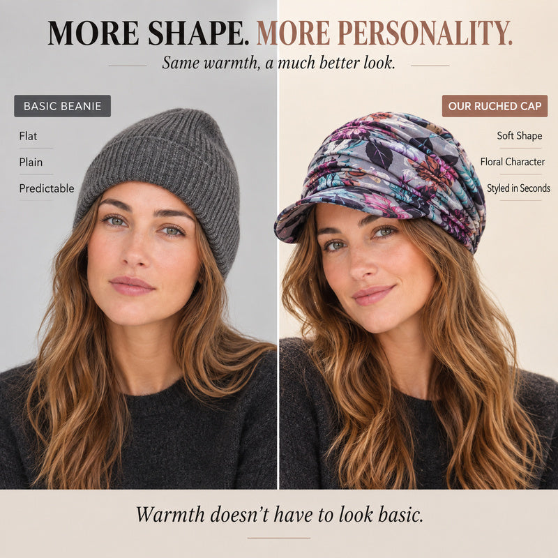 Ruched Floral Newsboy Cap — Soft Brim, Vintage Floral, 4 Colors | Black Grey Blue Red