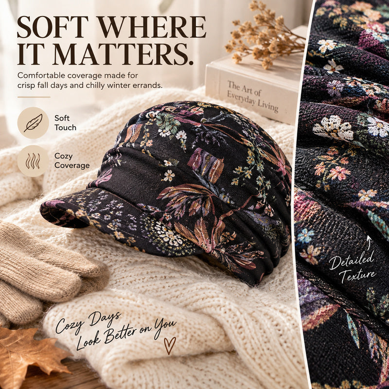Ruched Floral Newsboy Cap — Soft Brim, Vintage Floral, 4 Colors | Black Grey Blue Red