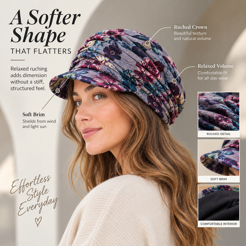 Ruched Floral Newsboy Cap — Soft Brim, Vintage Floral, 4 Colors | Black Grey Blue Red