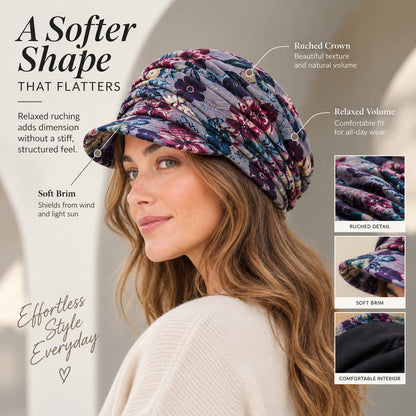 Ruched Floral Newsboy Cap — Soft Brim, Vintage Floral, 4 Colors | Black Grey Blue Red