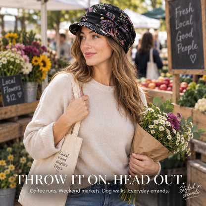 Ruched Floral Newsboy Cap — Soft Brim, Vintage Floral, 4 Colors | Black Grey Blue Red