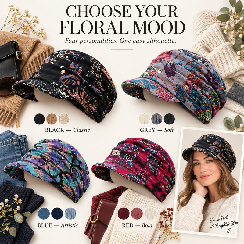 Ruched Floral Newsboy Cap — Soft Brim, Vintage Floral, 4 Colors | Black Grey Blue Red