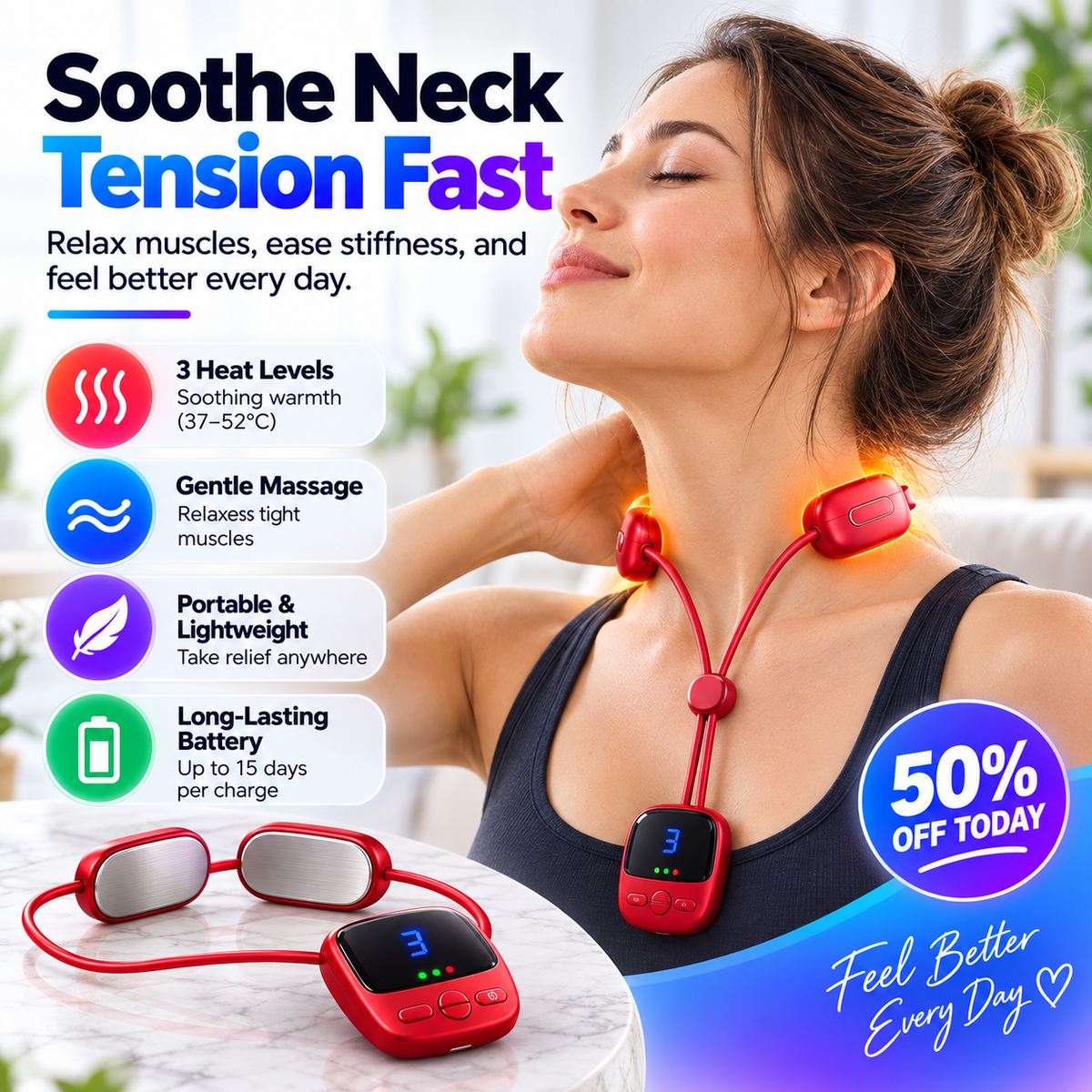 🔥 Portable Neck Massager with Heat – Lightweight Comfort Anytime, Anywhere