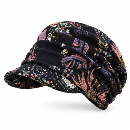 Ruched Floral Newsboy Cap — Soft Brim, Vintage Floral, 4 Colors | Black Grey Blue Red