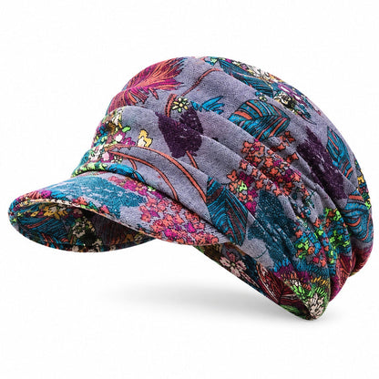 Ruched Floral Newsboy Cap — Soft Brim, Vintage Floral, 4 Colors | Black Grey Blue Red