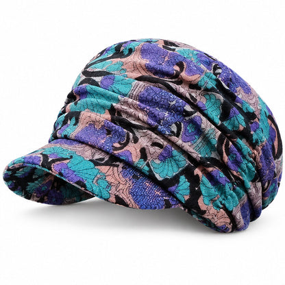 Ruched Floral Newsboy Cap — Soft Brim, Vintage Floral, 4 Colors | Black Grey Blue Red
