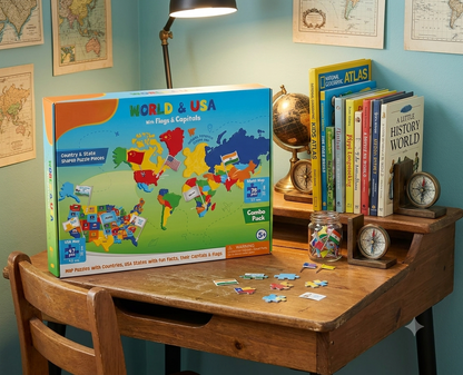 🌍 3-in-1 World & USA Map Puzzle Set for Kids
