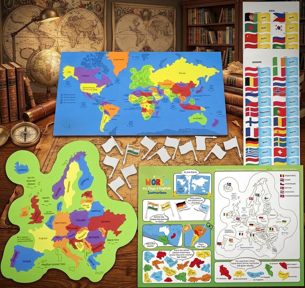 🌍 3-in-1 World & USA Map Puzzle Set for Kids