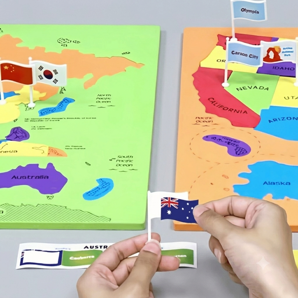 🌍 3-in-1 World & USA Map Puzzle Set for Kids