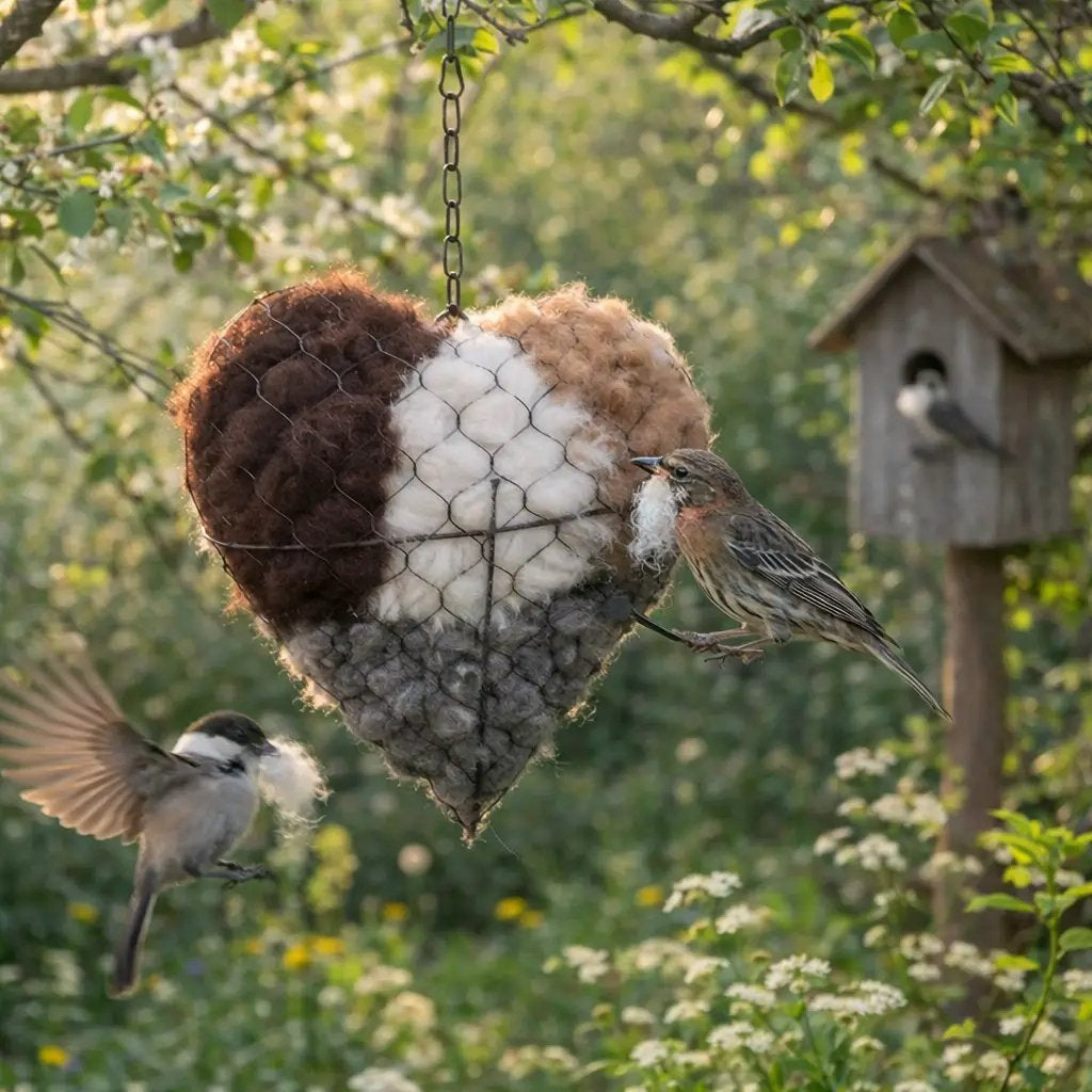 Handmade Alpaca Fiber Bird Nesting Heart - Eco Friendly Garden Ornament