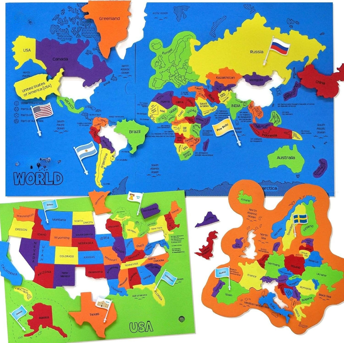 🌍 3-in-1 World & USA Map Puzzle Set for Kids