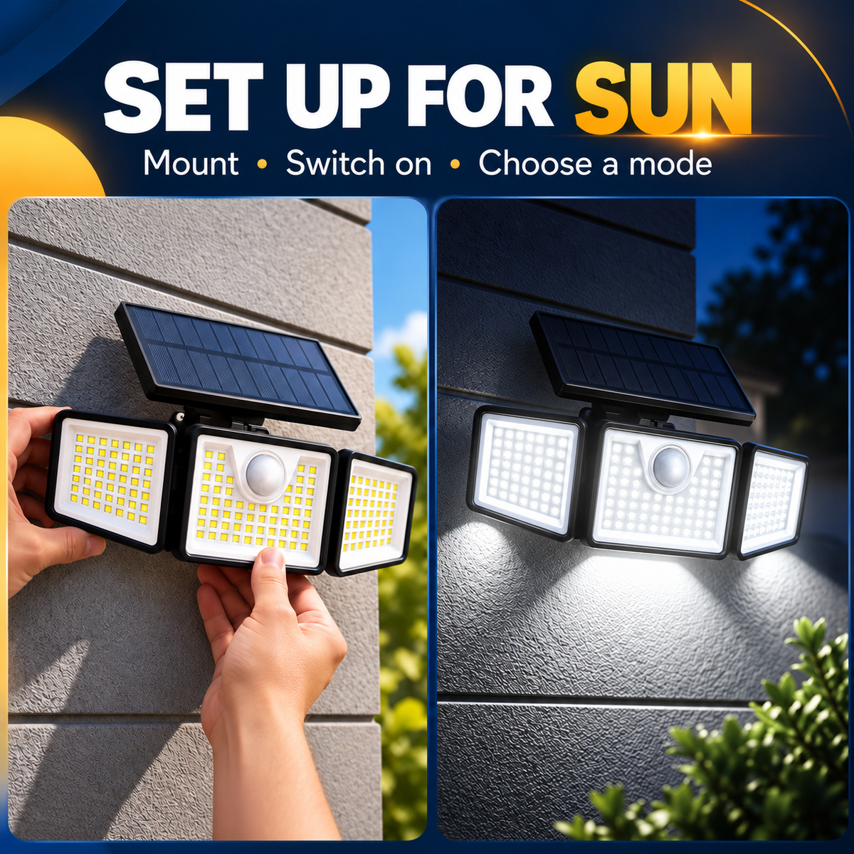 💡 Three-Head Solar Motion Security Light | Adjustable Outdoor Wall Light